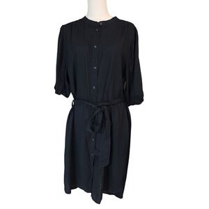 Serra Black Viscose Linen Blend Button Down Midi Dress‎ with Belt Large